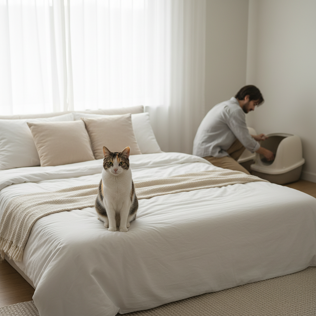 Cat sitting on a neatly made bed while owner checks litter box setup