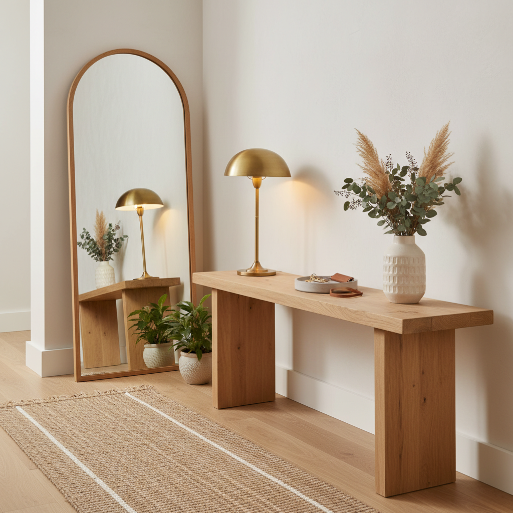 Inviting small entryway styling with mirror, runner rug, and simple decor tray