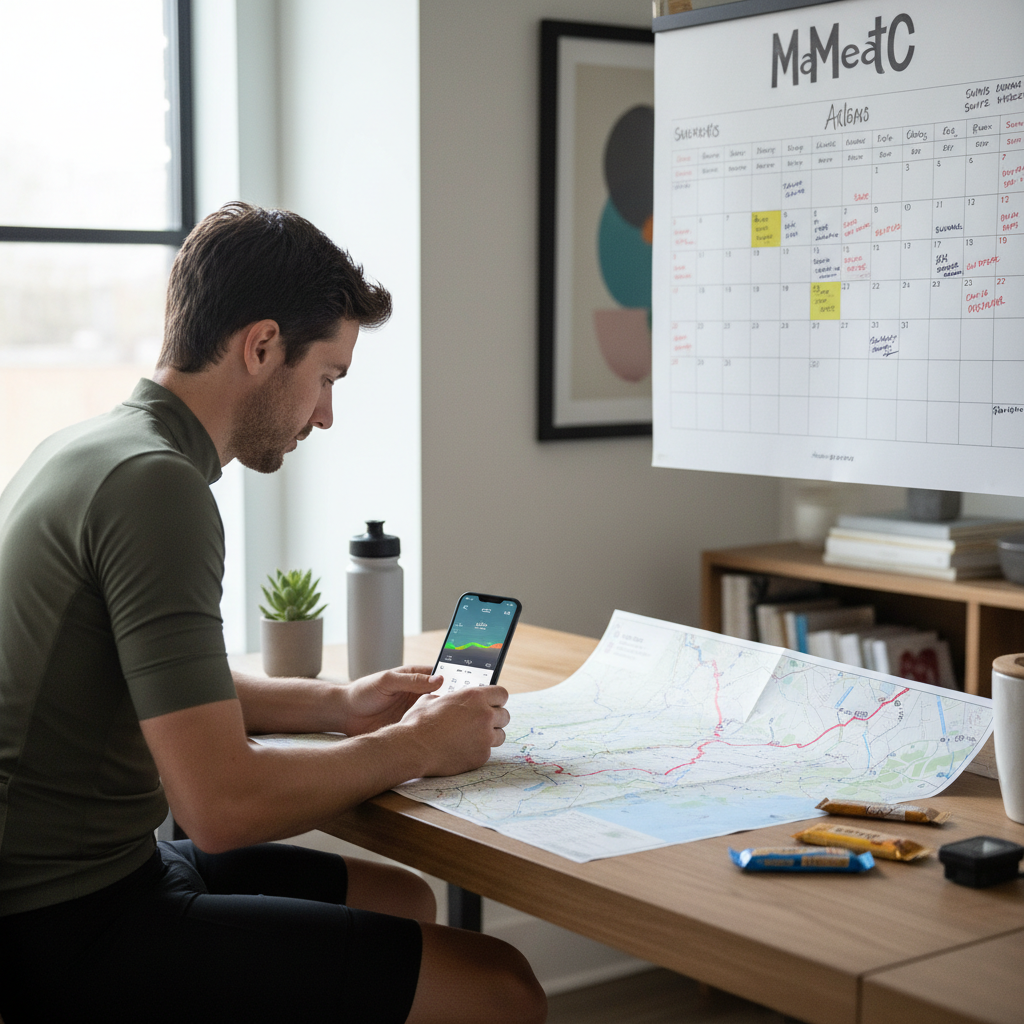 Cyclist preparing training plan for a long distance bike ride with calendar and route map
