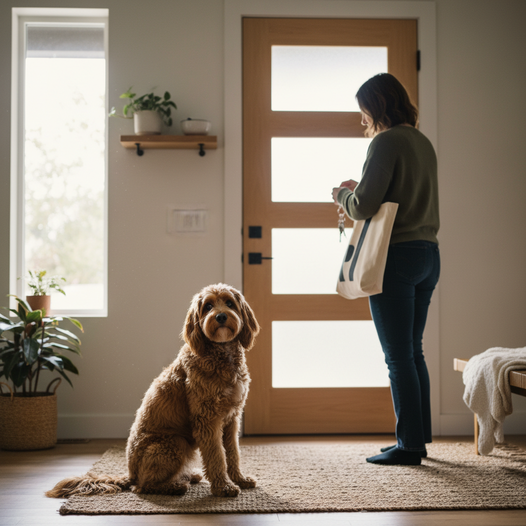 Dog showing separation anxiety near front door as owner prepares to leave