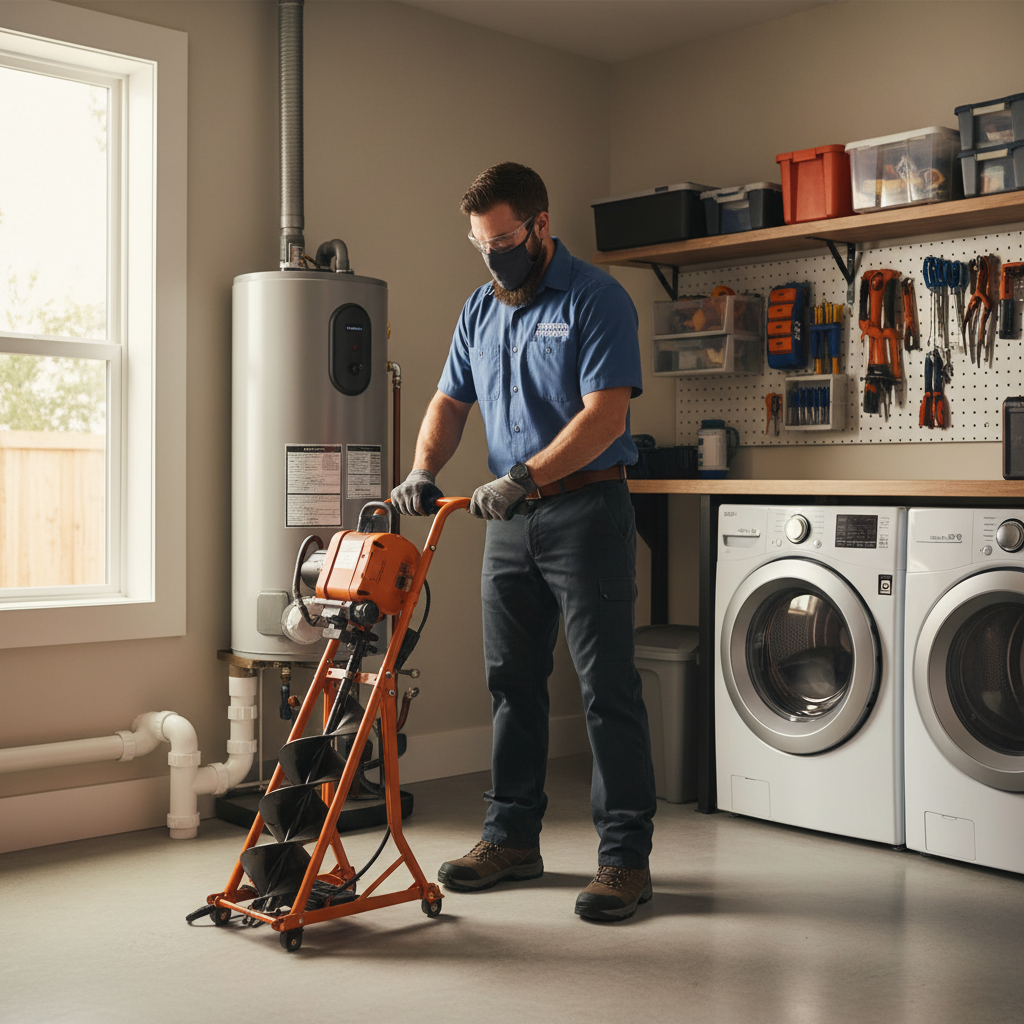 Plumber using a professional drain auger machine in a residential utility area