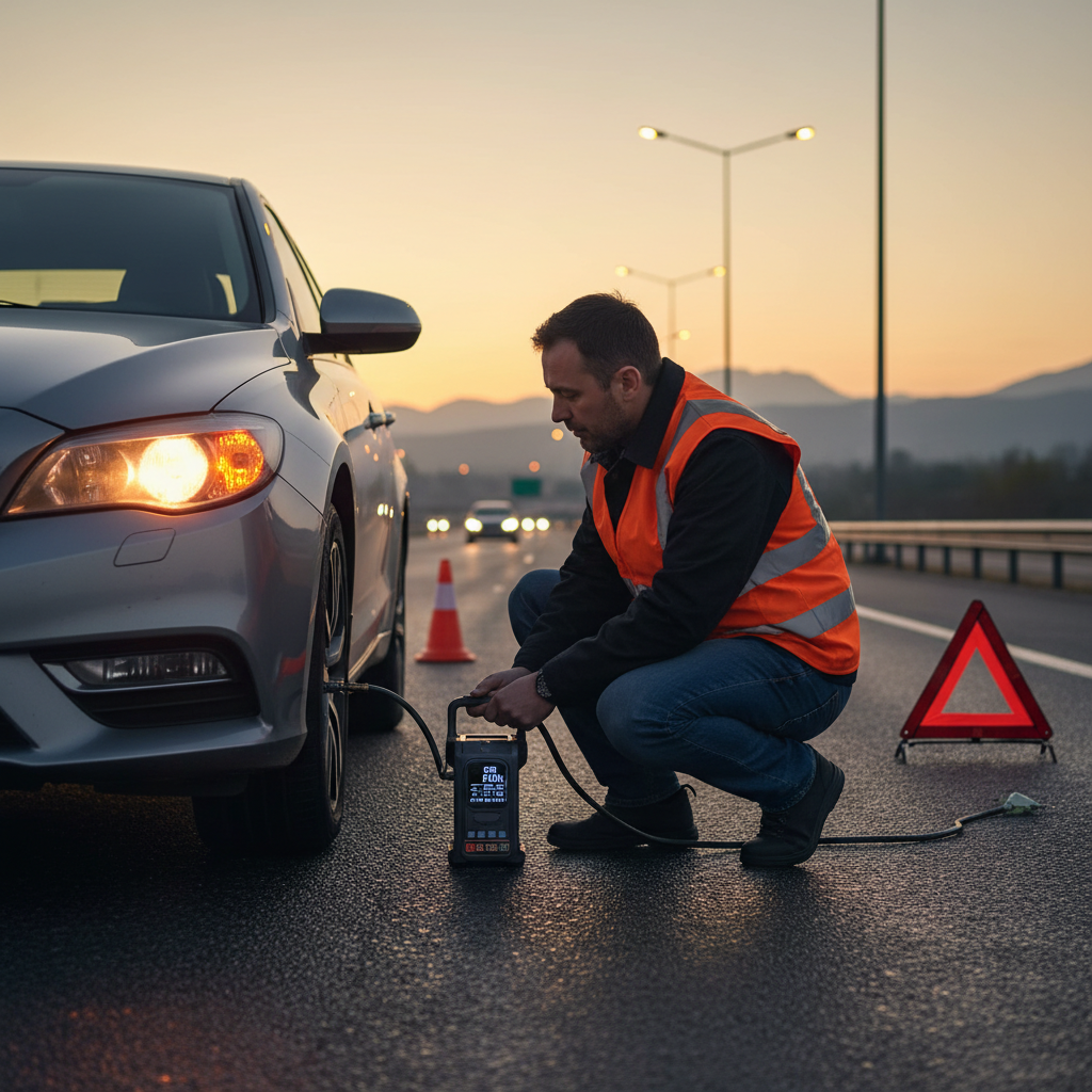 Using a tire inflator safely at roadside with hazard lights