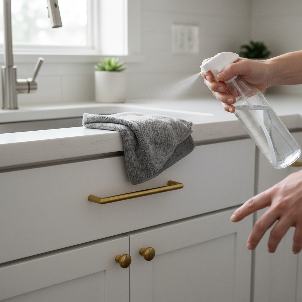 Cleaning kitchen cabinet doors and hardware with microfiber cloth