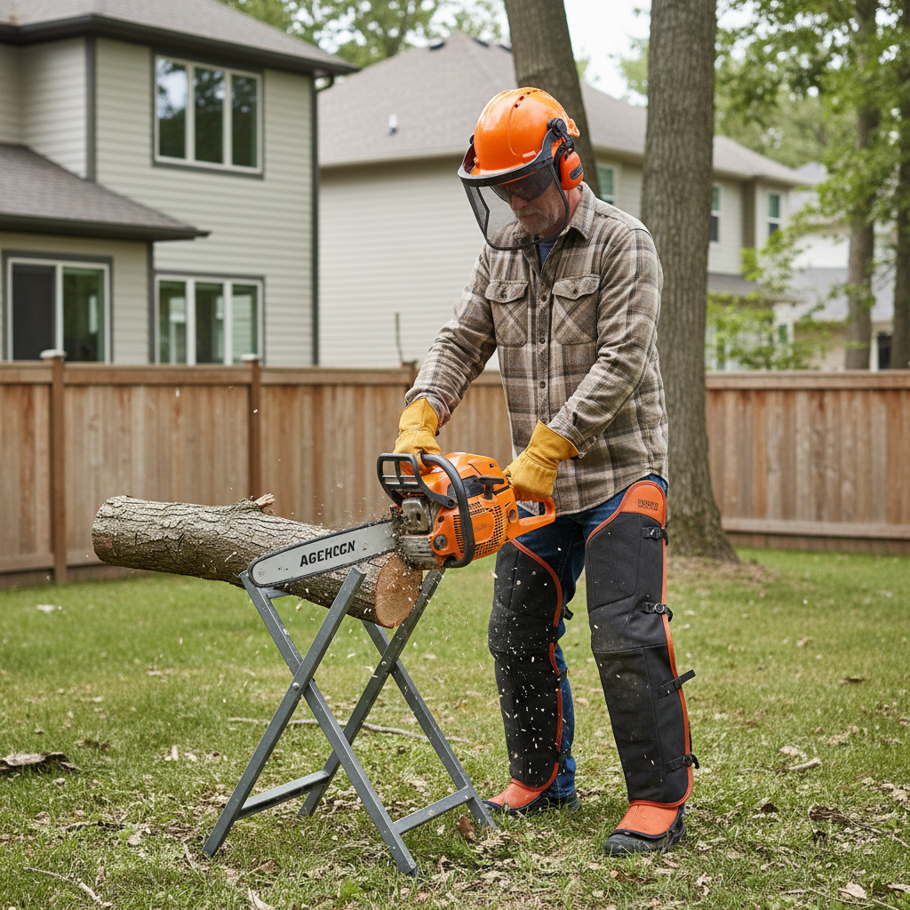 Homeowner using a chainsaw safely in a suburban backyard