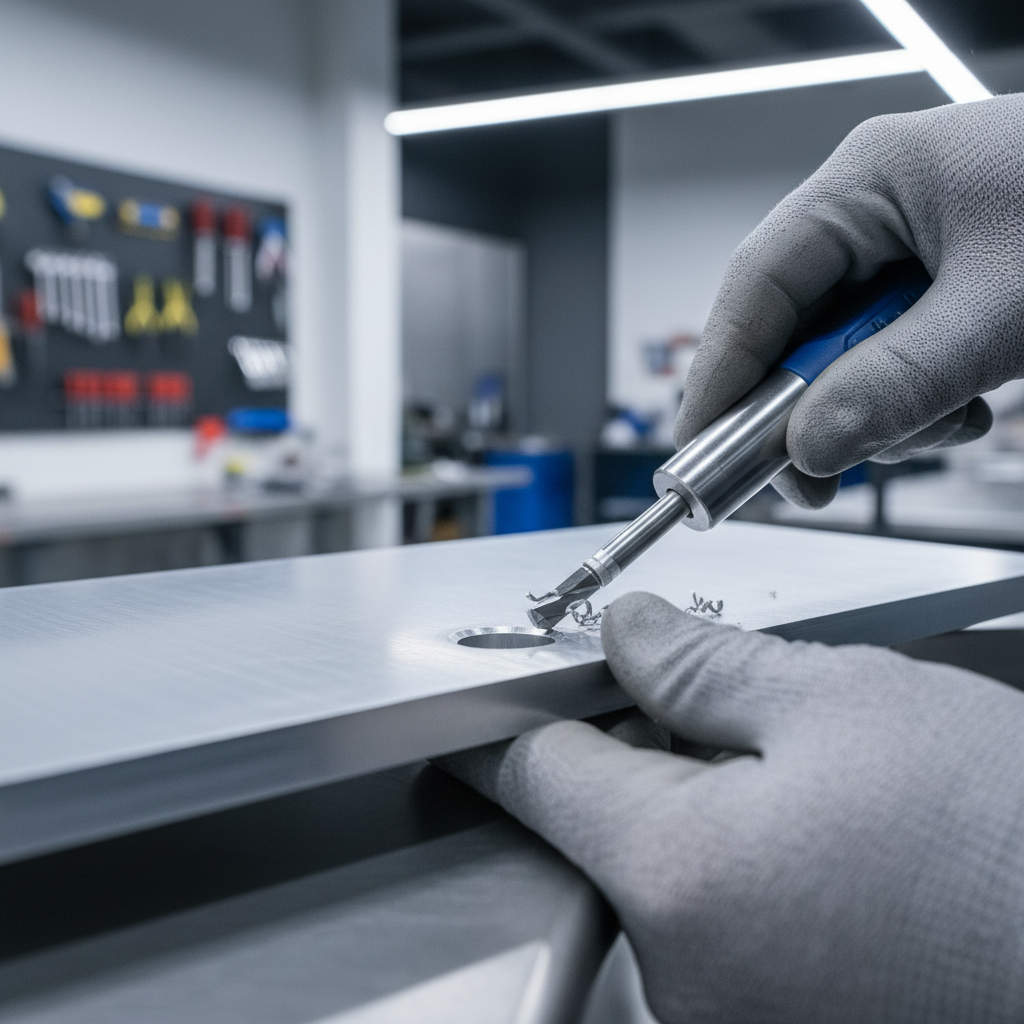 Close-up of deburring a freshly drilled step-bit hole for a clean edge