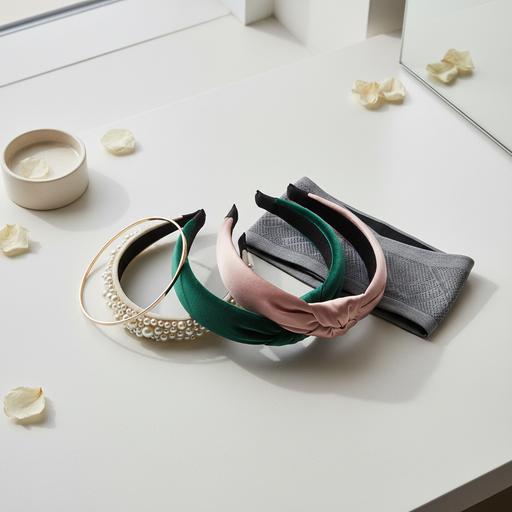 Assorted women’s fashion headbands on a neutral vanity