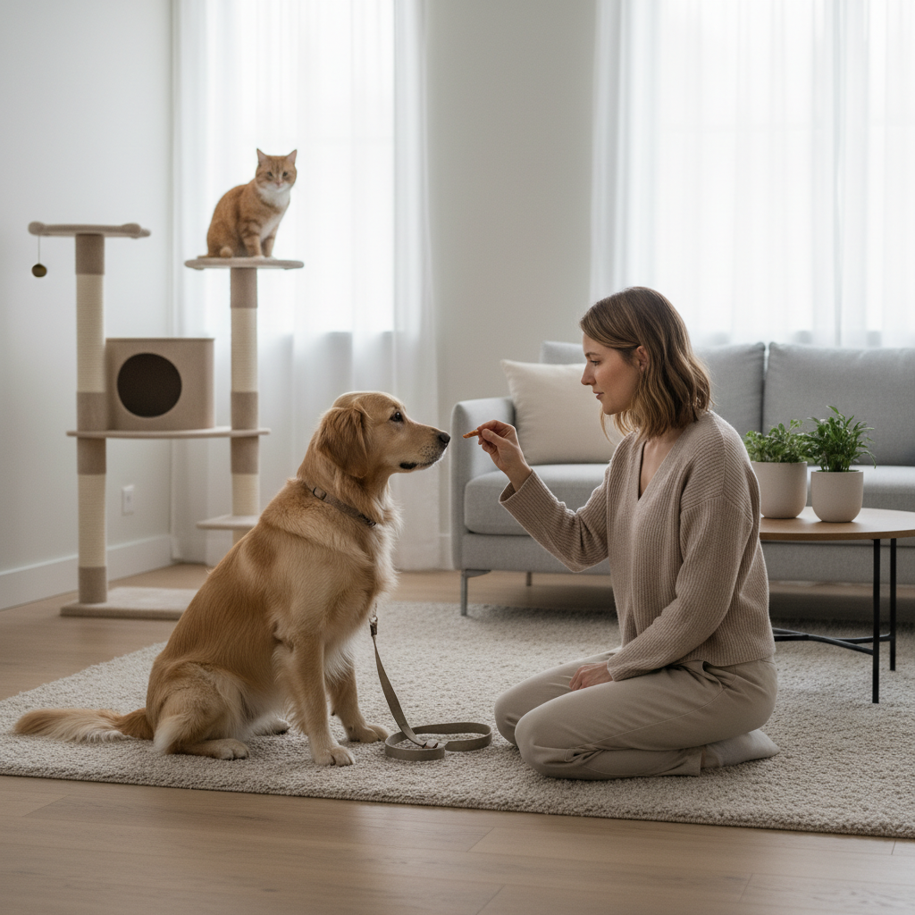 Owner rewarding calm dog behavior while cat watches from a safe perch