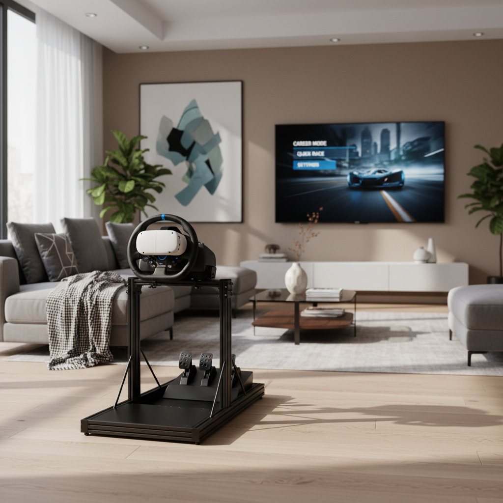 VR racing setup with steering wheel, pedals, and headset in a modern living room