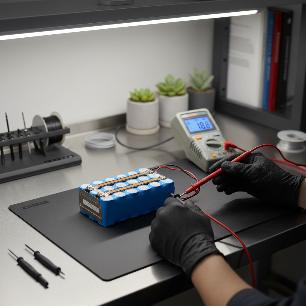 Troubleshooting a lithium battery not charging with multimeter and charger on workbench