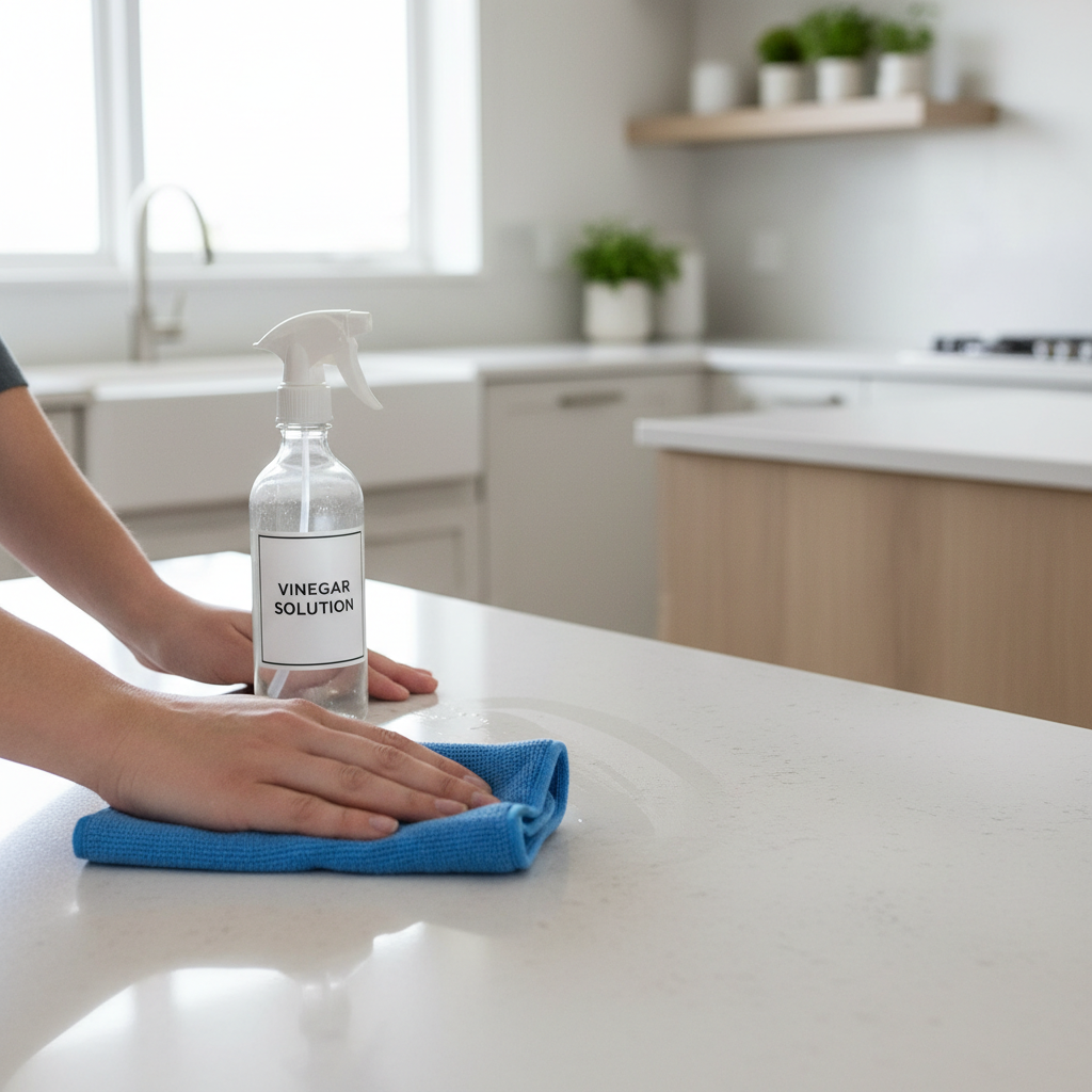 Wiping kitchen counter with vinegar solution to remove ant scent trails