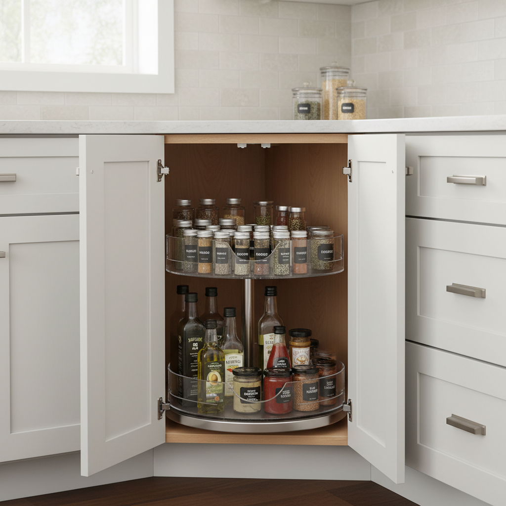 Kitchen base corner cabinet with a lazy susan organizer holding spices and oils