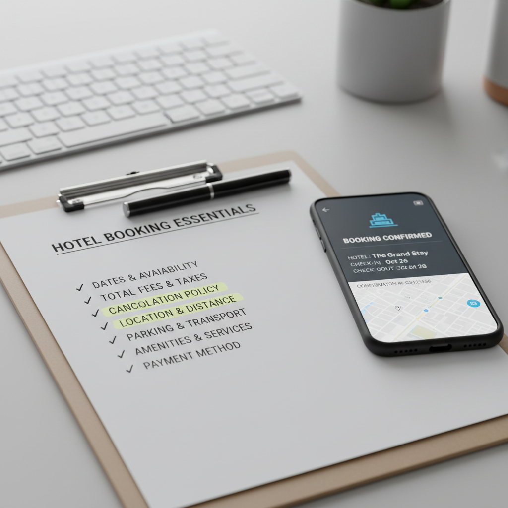 Hotel booking checklist highlighting fees, cancellation, and location