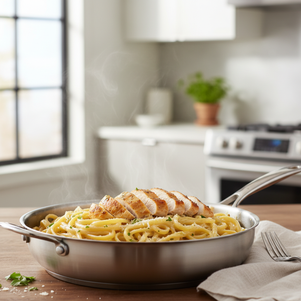 Creamy chicken Alfredo pasta in a skillet with parmesan sauce