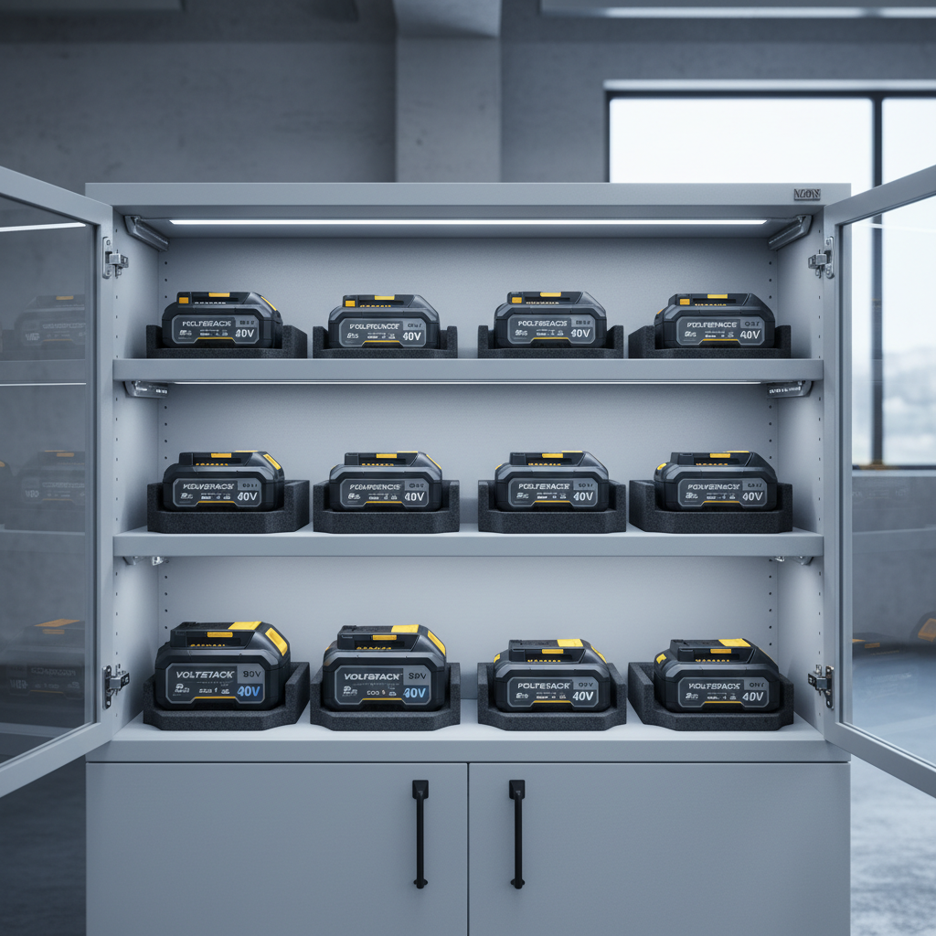 Storing lithium-ion power tool batteries in a cool dry workshop cabinet