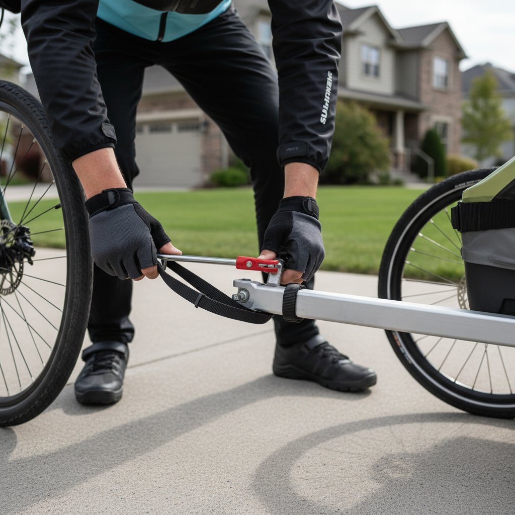 Pre-ride safety check of bike trailer connection and safety strap