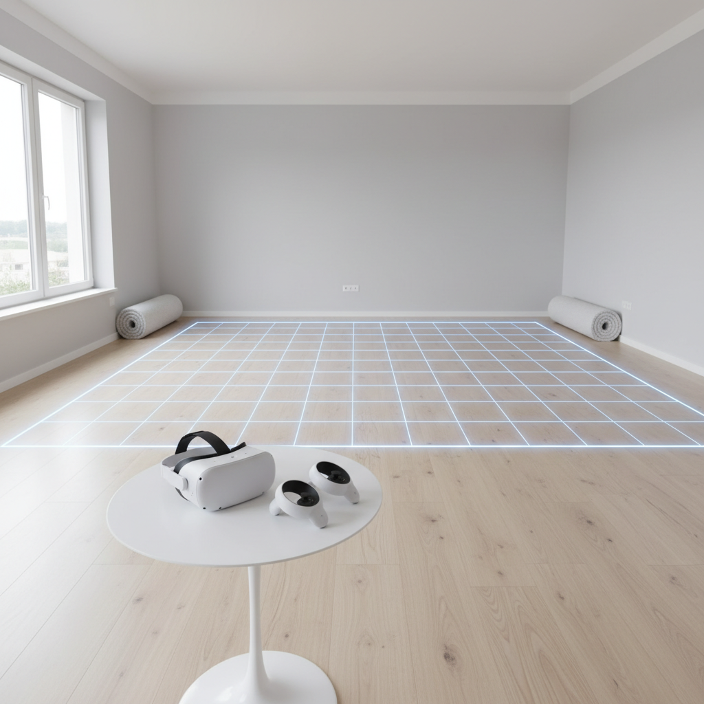 VR safety setup with boundary guardian and clear play space for sword games