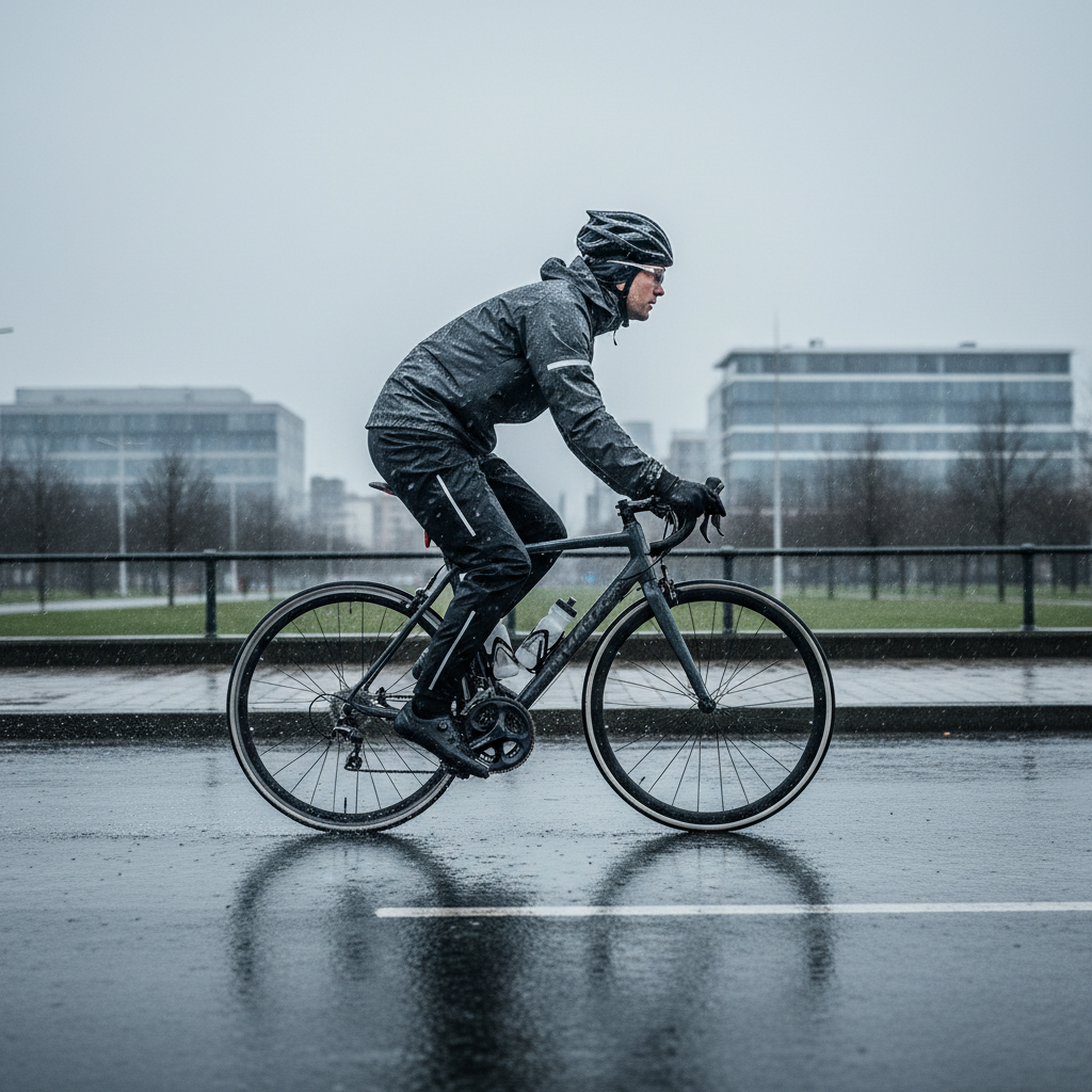 Cyclist wearing waterproof rain pants riding on a wet road