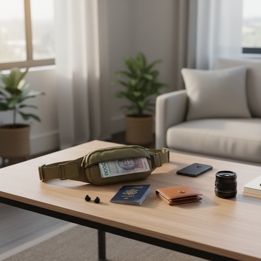 Traveler organizing cash and cards at home before a trip using a hidden travel belt