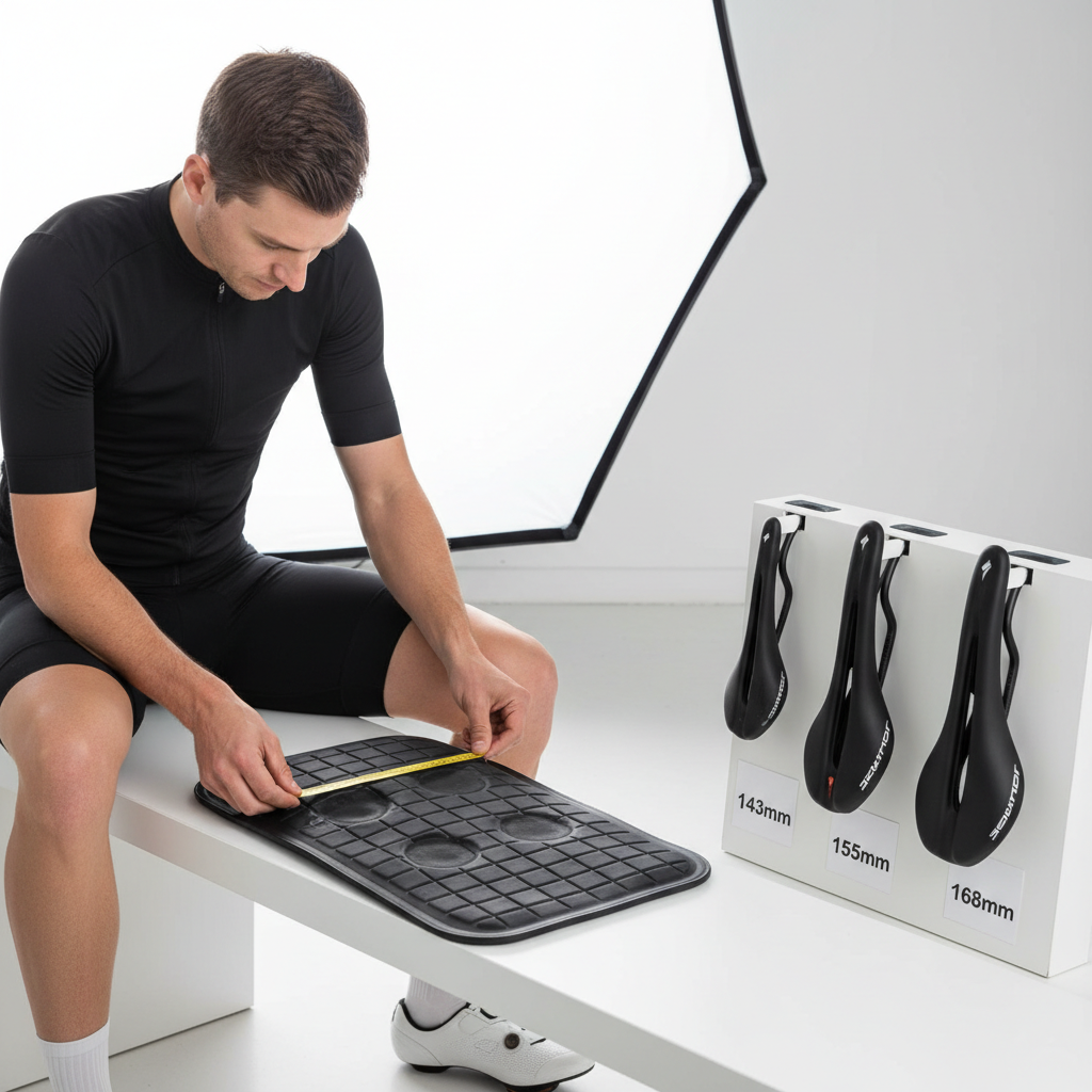 Bike saddle fit check showing sit bone width measurement and saddle width choices