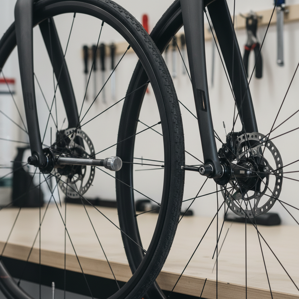 Close-up of bike axle standards showing thru-axle and quick release compatibility for fork mounts