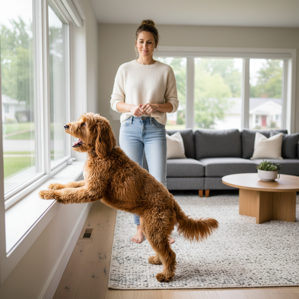 Dog barking at window while owner observes triggers at home