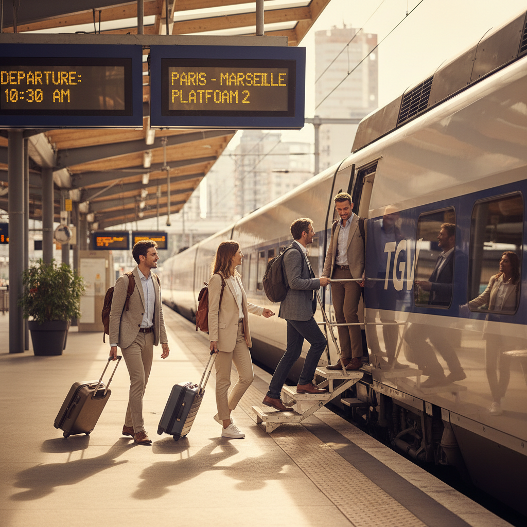 High-speed train travel in France with travelers boarding at a modern station