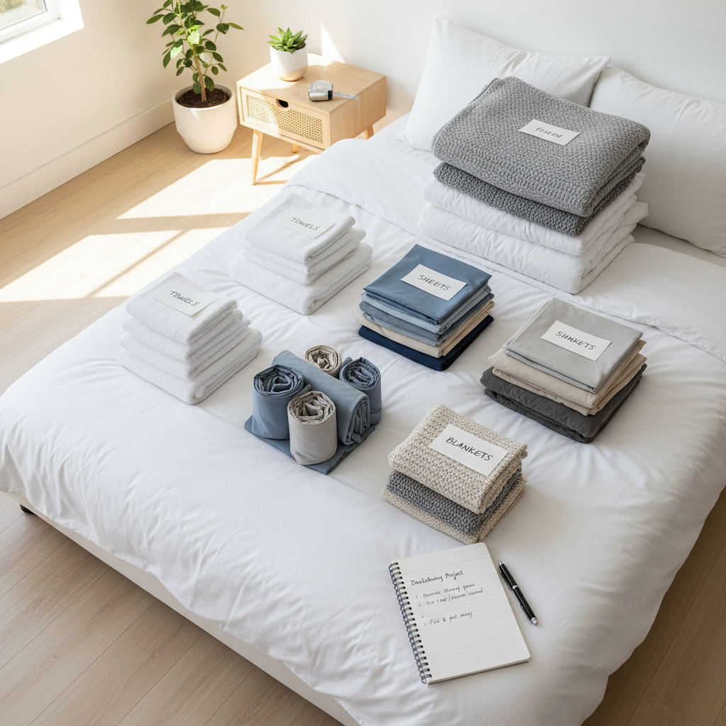 Sorted towel and sheet piles on a bed before organizing a linen closet