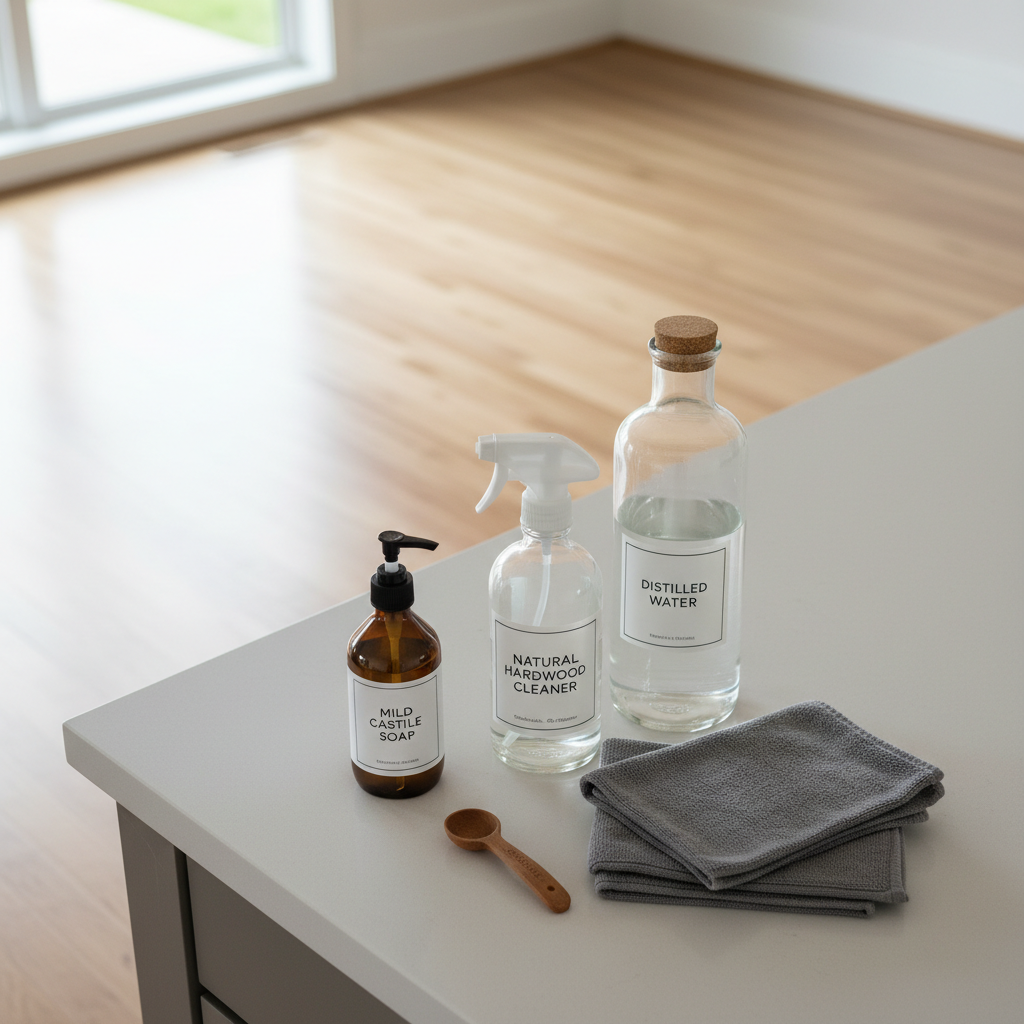 DIY natural hardwood floor cleaner ingredients and spray bottle on counter
