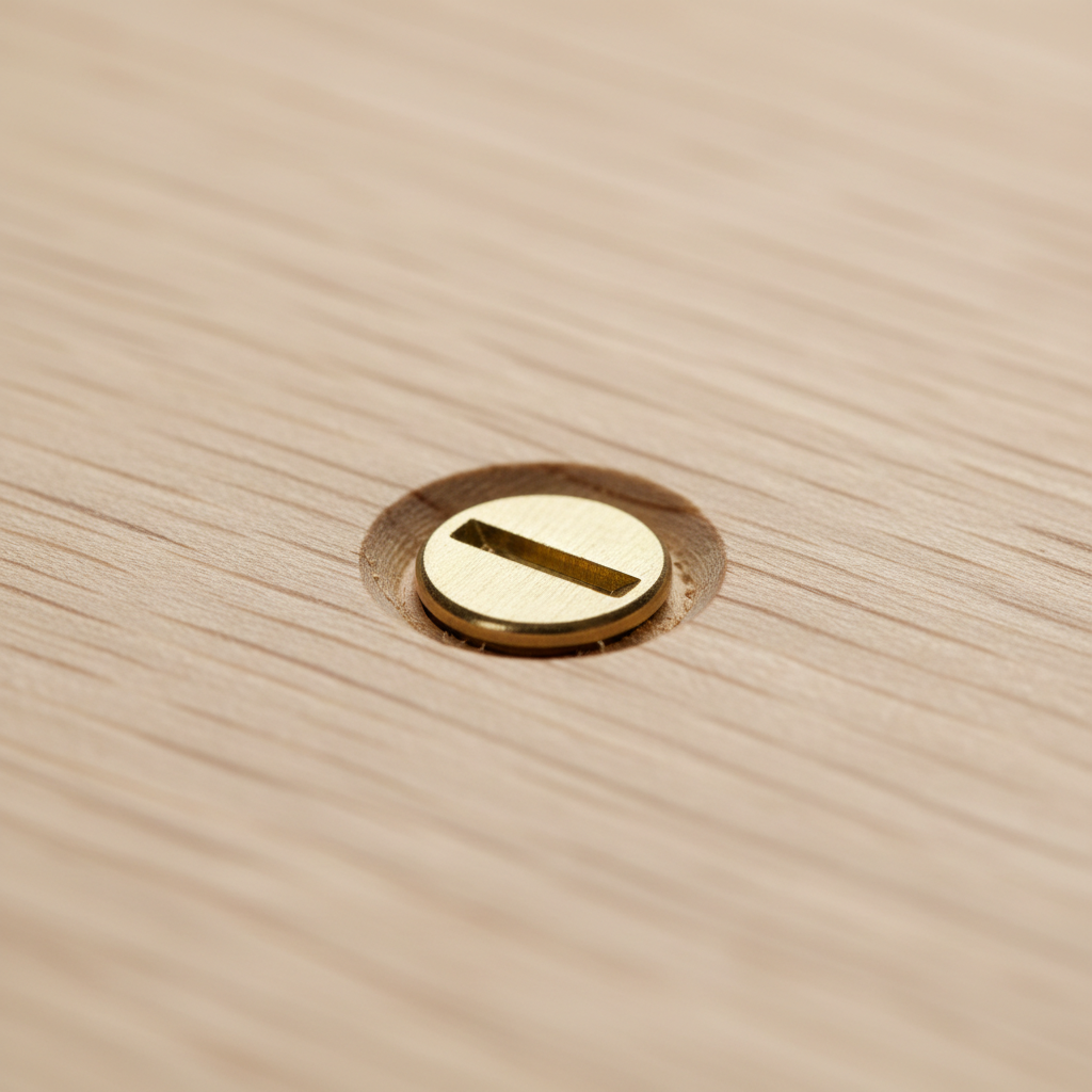 Close-up of a flush flat-head screw seated in a clean countersunk hole in hardwood