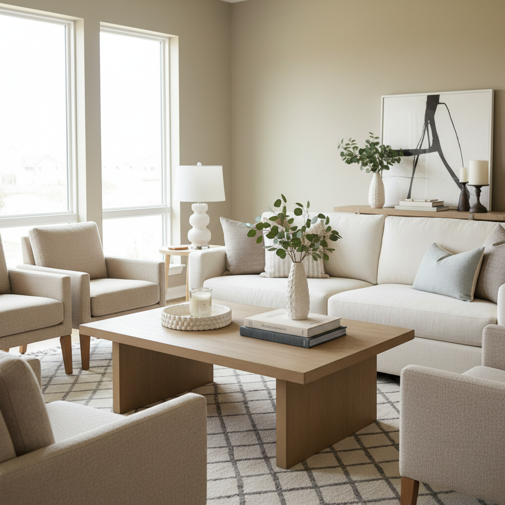 Styled coffee table with tray books and vase in a modern living room