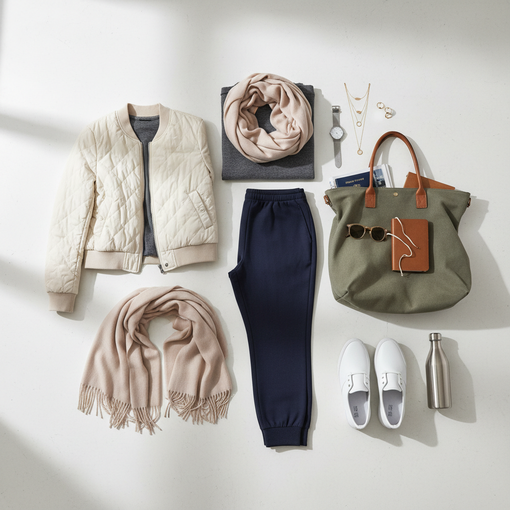 Airport layering essentials flat lay: jacket, scarf, sneakers, travel tote