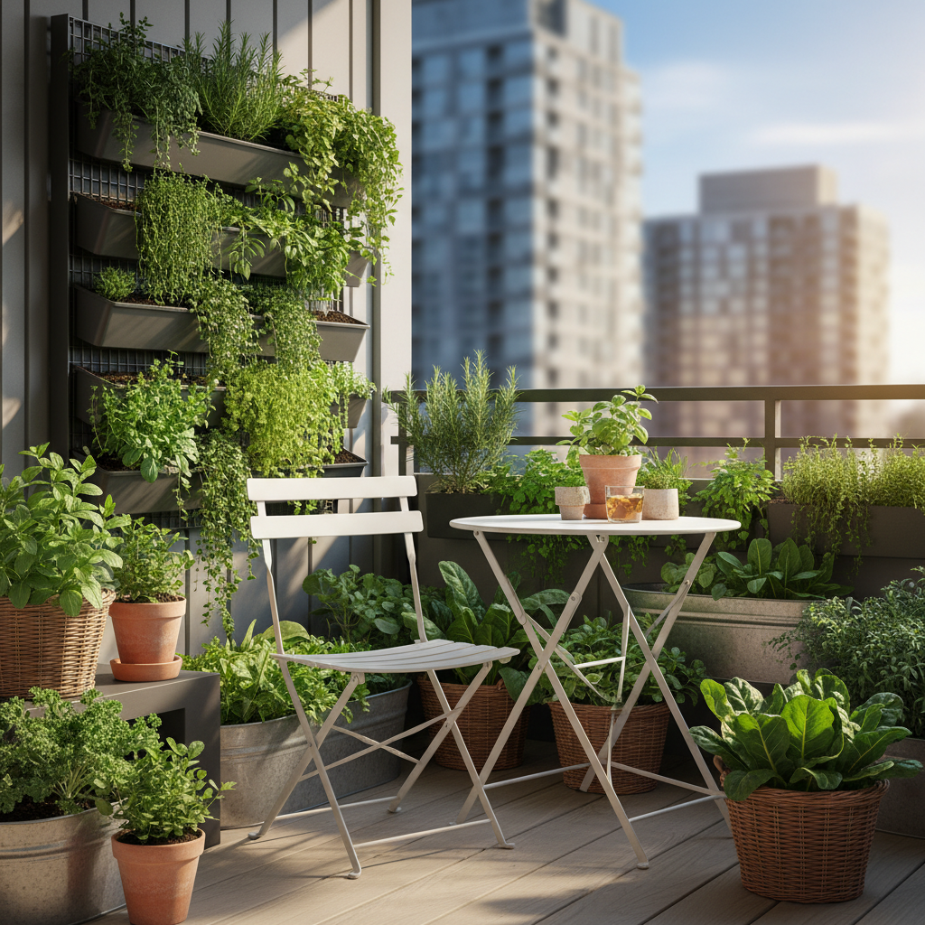 Small apartment balcony garden with vertical planters and compact seating