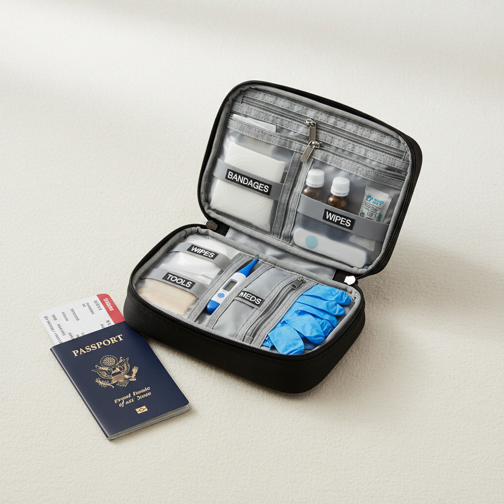 Compact family first aid kit laid out for carry-on travel with labeled compartments