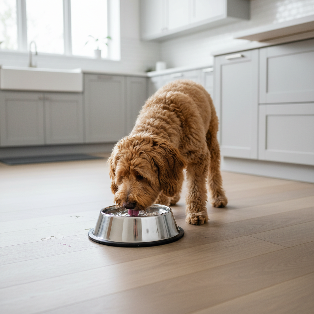 Dog drinking from a stainless steel water bowl with rubber base