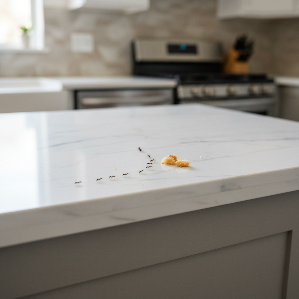 Ant trail on kitchen counter near crumbs