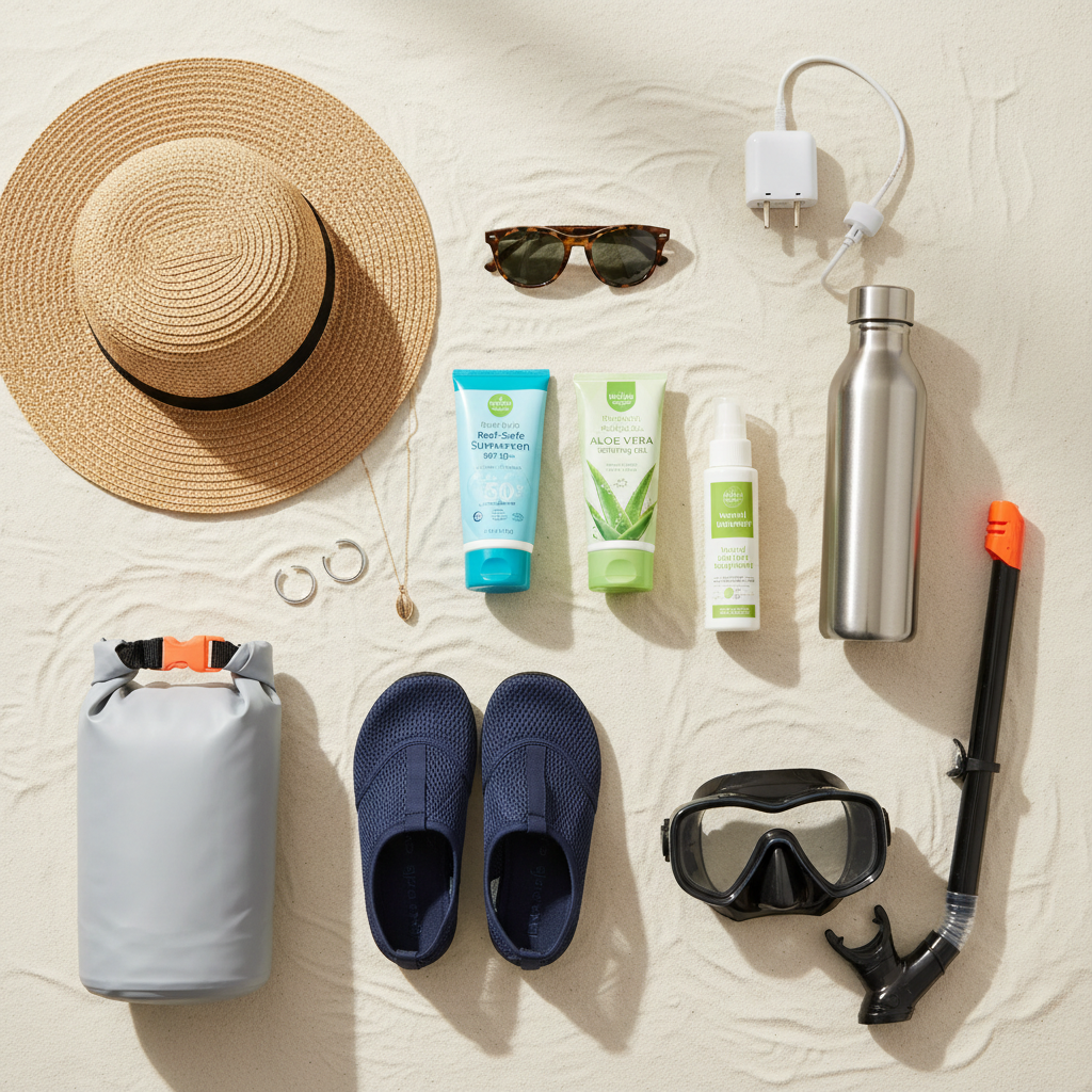Seychelles beach packing checklist items including reef-safe sunscreen and water shoes