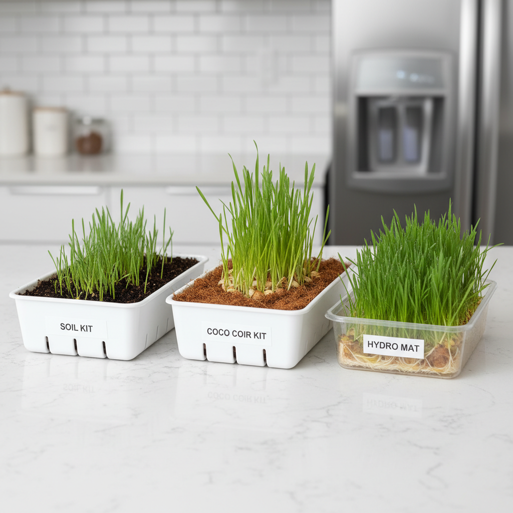 Comparison of indoor cat grass kit containers and growing media