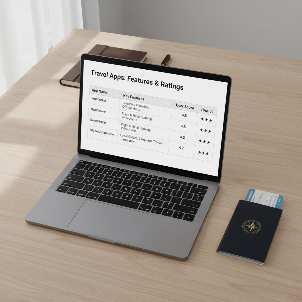 Comparison table of international travel apps on a laptop with a phone beside it