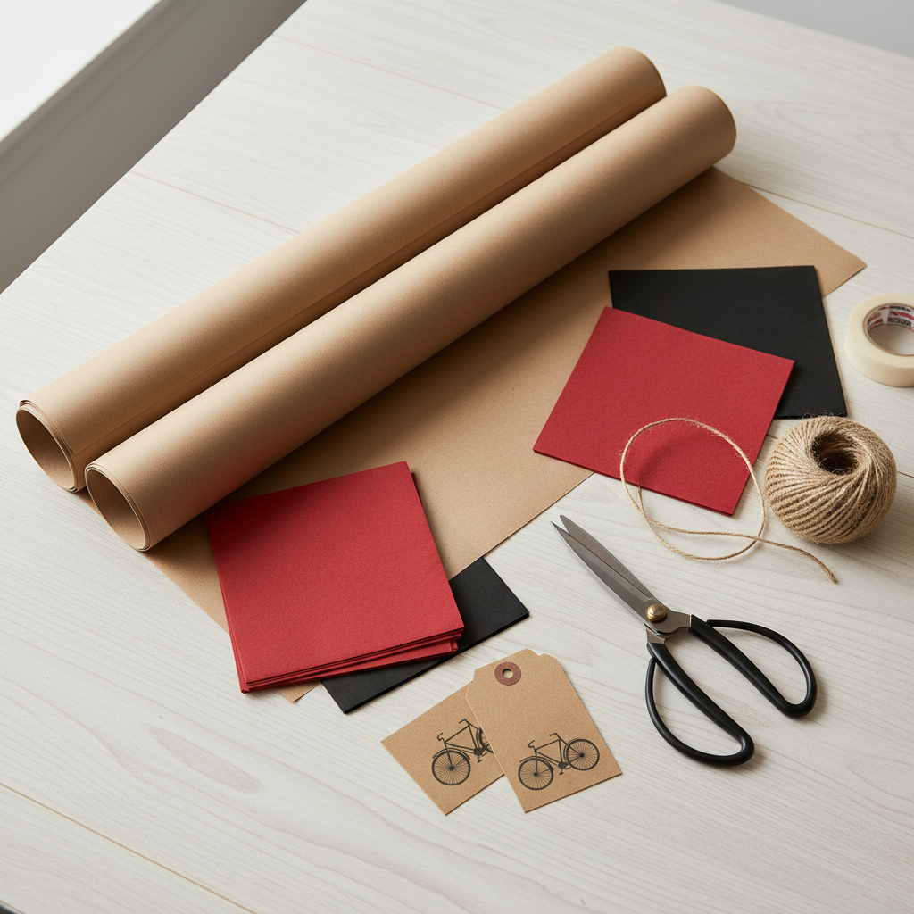 Creative gift wrapping setup for cycling gifts with kraft paper, twine, and small bike-themed tags