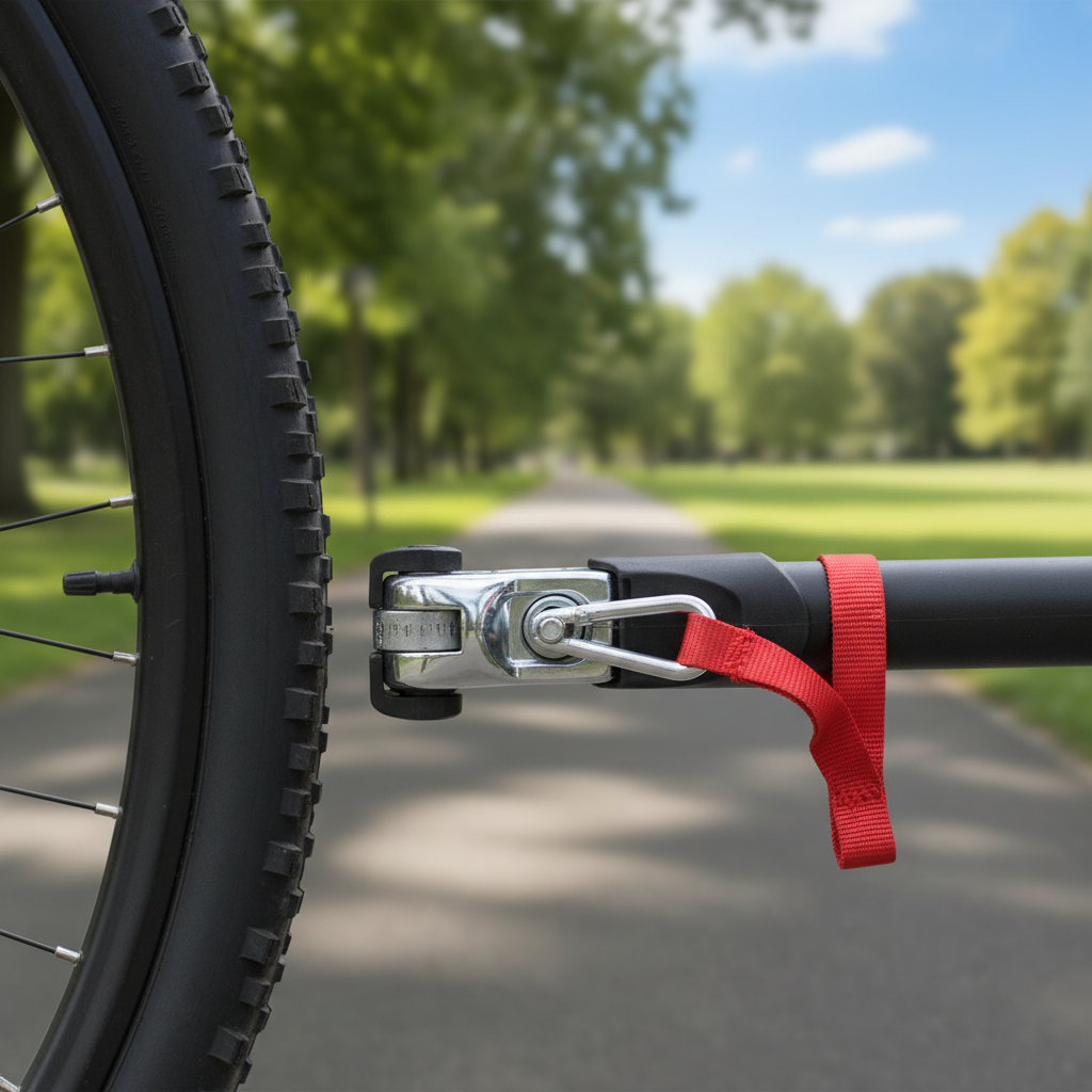 Close-up of bike trailer hitch connection at rear axle