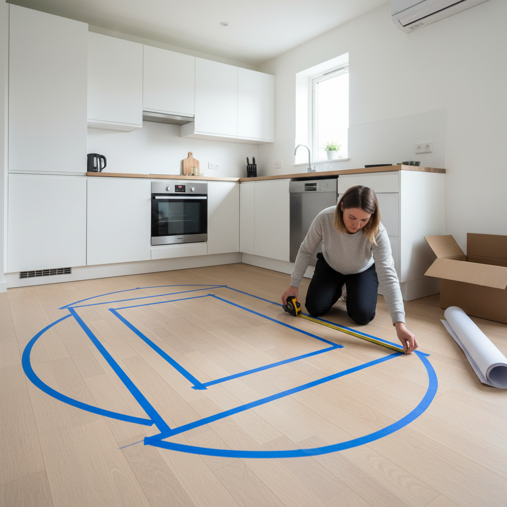 Measuring a small dining area with tape to plan table and chair clearance for four people