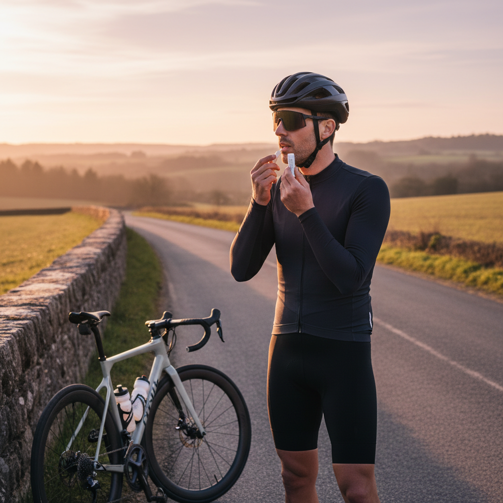 Cyclist applying SPF lip balm before an outdoor ride