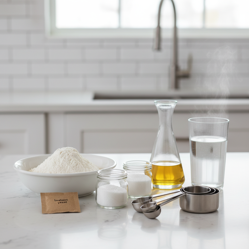 Simple homemade bread ingredients on a kitchen counter