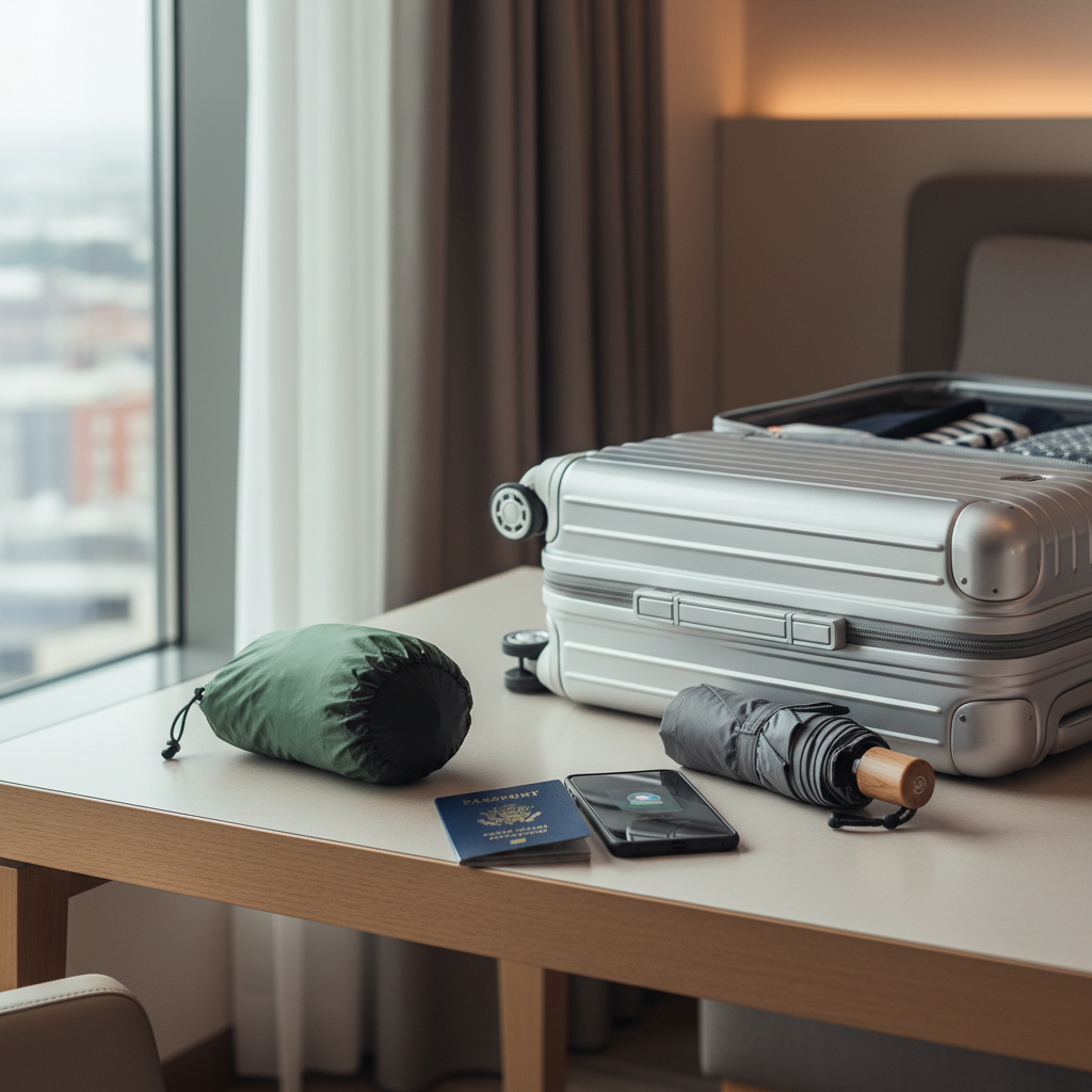 Lightweight travel rain jacket packed next to carry-on essentials