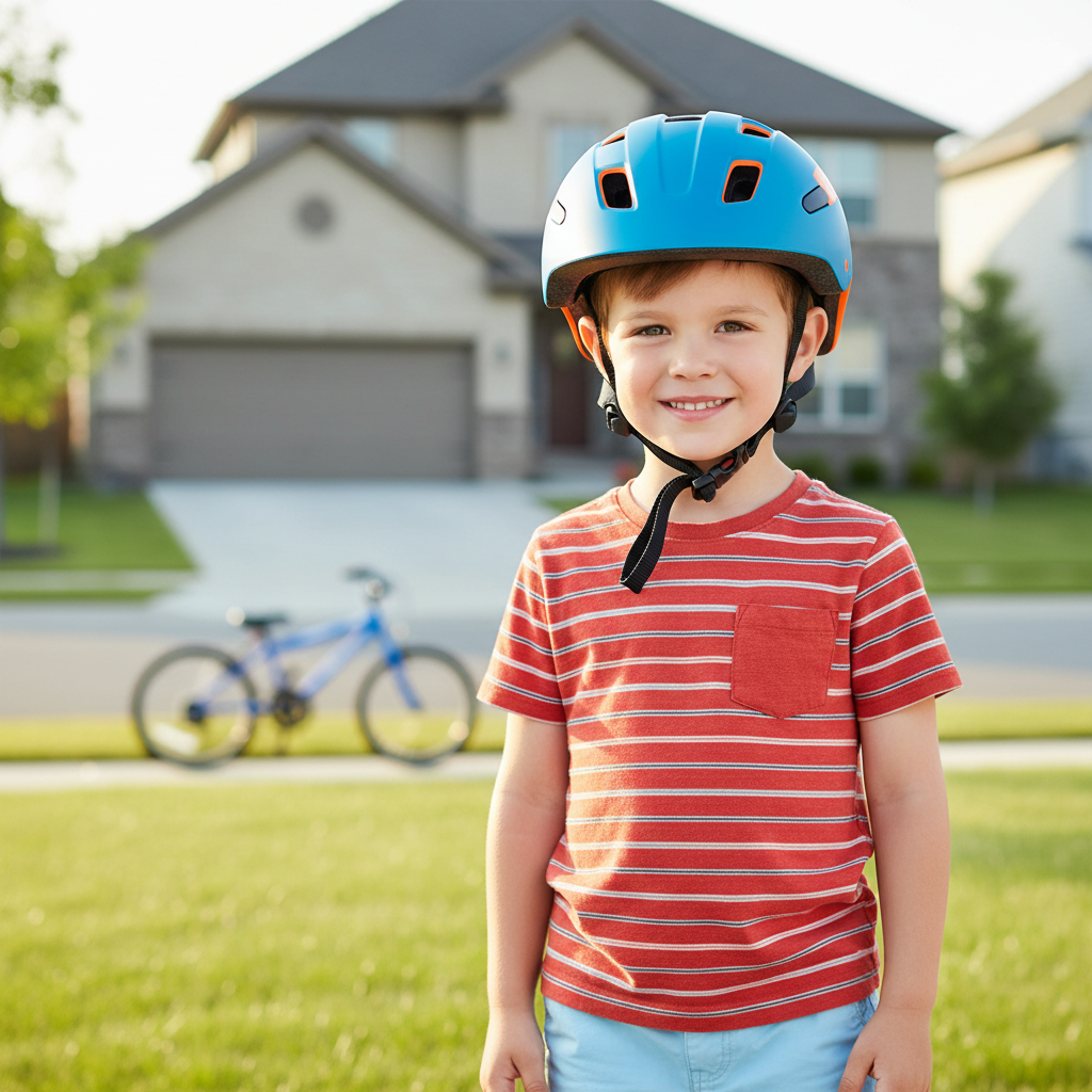 Correct kids bike helmet position low on forehead with straps forming a V by the ears
