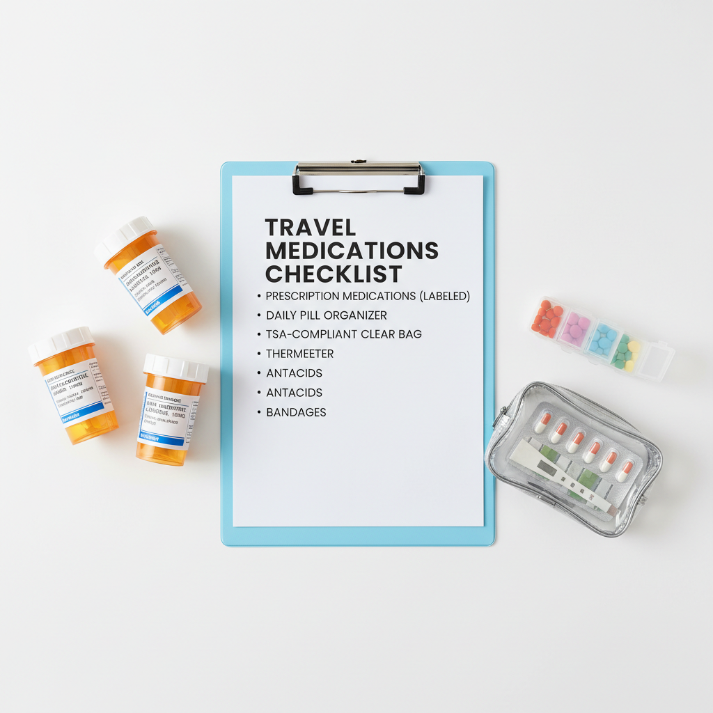 International travel medication packing checklist with labeled bottles and pill organizer