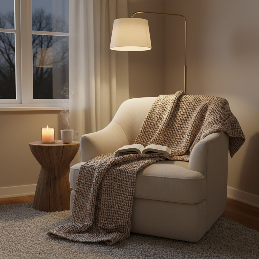 Cozy winter reading nook with candlelight, blanket, and hot tea in a small apartment