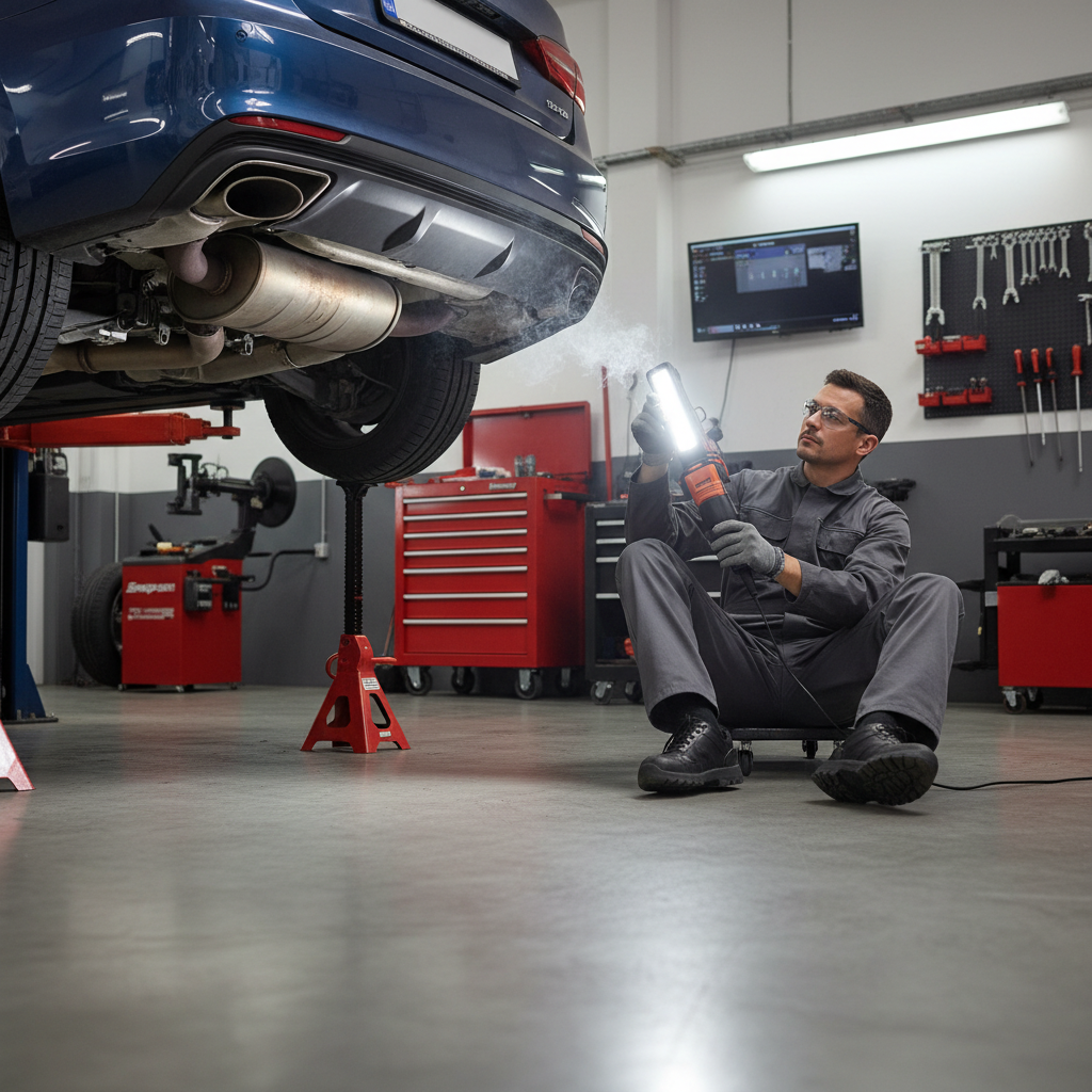 Mechanic locating a small exhaust leak under a car on jack stands