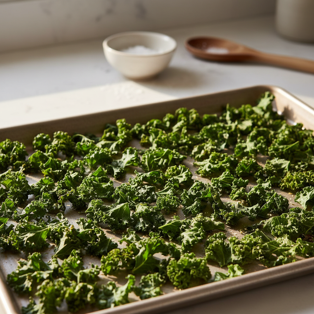 Crispy kale chips on a baking sheet with even spacing