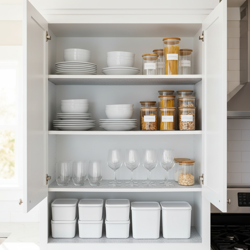 Organized kitchen cabinet interior after cleaning shelves